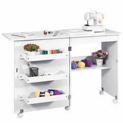 Kealive Folding Sewing Table, Multi-Functional Sewing Machine Craft Table with Adjustable Storage Shelves Lockable Casters, Portable Rolling Craft Cart Sturdy Wood, White