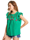 Romwe Women's Sleeveless Floral Embroidery Ruffle Summer Boho Blouse Top Green M