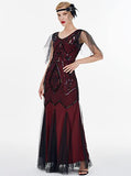 FAIRY COUPLE Women's Gatsby Plus Size 1920s Maxi Long Sequined V-Neck Formal Evening Prom Dress 2XL Burgundy Black