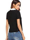 Romwe Women's Cute Contrast Collar Short Sleeve Casual Work Petite Blouse Tops Beaded Black Large