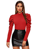 Romwe Women's Elegant Mock Neck Keyhole Back Leg-of-Mutton Long Sleeve Blouse (X-Large, Red#)