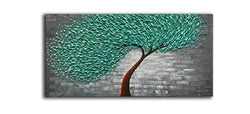 YaSheng Art - 24x60 Inch Large Contemporary Art 100% Hand-Painted Oil Painting On Canvas Texture Palette Knife Blue-Green Tree Paintings Modern Home Interior Decor Abstract Art 3D Paintings Large Canvas Art