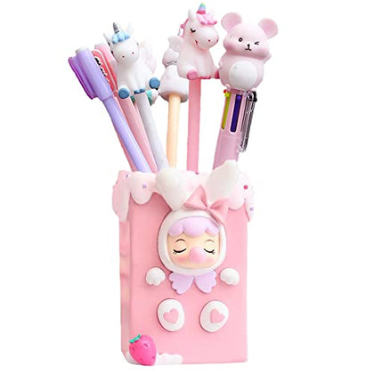 Rosechen Bunny Desk Pencil Holder for Kids, Cute Pen Organizer Container for boys and girls, Stationery Makeup Brush Storage for Home Decor School Classroom(Pink)