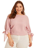 Romwe Women's Plus Size 3/4 Sleeve Pearl Beaded Tie Knot Cuff Solid Blouse Tops Shirt Pink, Pastel 4X Plus