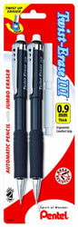 Pentel Twist-Erase III Automatic Pencil with 2 Eraser Refills, 0.9mm, Assorted Barrels, 2 Pack