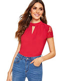 Romwe Women's Elegant Lace Short Sleeve Sexy Keyhole Blouse Shirt Red Medium