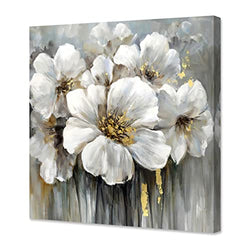 Woxfcart Flower Decor Wall Art Abstract Canvas Floral Pictures White Flowers with Gold Paintings for Office Living Room Bedroom Grey Walls Decorations 13.5"x13.5"