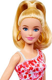 Barbie Fashionistas Doll #205 with Blond Ponytail, Wearing Pink and Red Floral Dress, Platform Sandals and Hoop Earrings