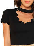 Romwe Women's Scalloped Cut Out V Neck Short Sleeve Sexy Tee Tops Black Large