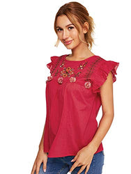 Romwe Women's Sleeveless Floral Embroidery Ruffle Summer Boho Blouse Top Red L