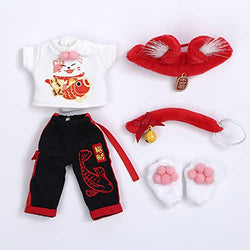 Doll Clothes Hair Accessories + Printed T-Shirt + cat Paws + Pants + cat Tail for BODY9,ob11,Molly ,gsc,1/12bjd Dolls Clothing Set (suit4)