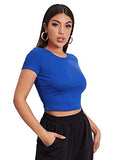 Romwe Women's Casual Rib Knit Short Sleeve Crop Top Tee T-Shirt Royal Blue M