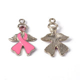 Craftdady 10PCS PearlPink Ribbon with Angel Wing Rhinestone Enamel Pendants Breast Cancer Awareness