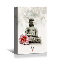 Looife Chinese Style Canvas Wall Art - 16x24 Inch Ink Painting Buddha Statue with Flower Picture Artwork Giclee Prints Wall Decor, Modern Gallery Wrapped Home Art Deco