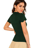 Romwe Women's Scalloped Cut Out V Neck Short Sleeve Sexy Tee Tops Green Large