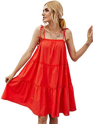 Romwe Women's Sleeveless Spaghetti Strap Tiered Layer Frill Knot Loose Cotton Summer Cami Dress Red S