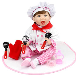 Aori Reborn Baby Dolls 22 Inch Realistic Newborn Dolls Lifelike Weighted Happy Baby Chef Girl Dolls with Pink Chef Clothing and Kitchenware Accessories Set for Girls