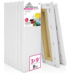PHOENIX White Blank Cotton Stretched Canvas Artist Painting - 3x9 Inch / 9 Pack - 5/8 Inch Profile Triple Primed for Oil & Acrylic Paints