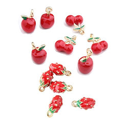 ZIJING 3D Fruit Red Enamel Cherry Strawberry Apple Gold Plated Charom Alloy Dangle Pendant Beads 30