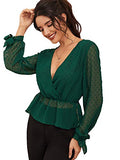 Romwe Women's Long Sleeve Deep V Neck Swiss Dot Ruffle Hem Knot Summer Blouse Top Green M