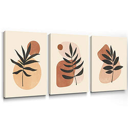 Geeignet Boho Wall Art Leaf Canvas Painting Geometric Art Print Abstract Botanical Picture Orange Home Decor for Bathroom Living Room Bedroom 12x16 Inch, 3 Panels