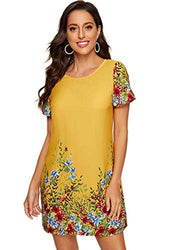 Romwe Women's Short Sleeve Floral Print Loose Casual Tunic Swing Summer Shirt Dress Yellow M