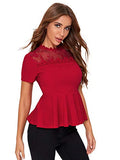 Romwe Women's Lace Mesh Round Neck Pleated Elegant Slim Fit Peplum Top Shirt Blouse Red#1 X-Large