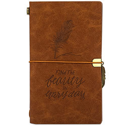 Travel Journal - Refillable Leather Journal, Vintage Handmade Bound Notepad for Men & Women, 7.8" × 4.7", Premium Thick Paper, Inner Waterproof Pocket, 160 Pages, Drawing Sketchbook, Travel Notebook - Brown Feathers