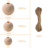Cadosoigh Wooden Beads 600 pcs Natural Unfinished Wood Beads Round Wooden Loose Beads for DIY Crafts Home Farmhouse Decoration Making Garland Macrame and Jewelry(200 x 12mm+200 x 14mm+200 x 16mm)