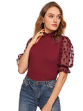 Romwe Women's Summer Short Sleeve Mock Neck Casual Blouse Tops Mesh Burgundy Large