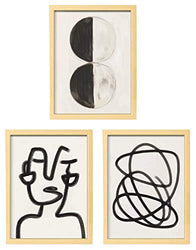 ArtbyHannah 3 Piece 11x14 Framed Minimalist Wall Art Set with Black Abstract Line Outline Art Prints for Bedroom Home Decoration, Natural Wood
