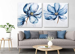 Framed Canvas Wall Art for Home Decoration, 2 Panels Navy Blue Poppies Oil Paintings, Hand Painted Modern Floral Pictures for Living Room Bedroom Stretched Ready to Hang 56x28Inch