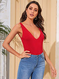 Romwe Women's Casual V-Neck Sleeveless Camisole Slim Fit Summer Tank Cami Top Red Small