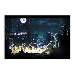 Sad Anime Girl Listens to Music with City Night Lights Poster Decorative Painting Canvas Wall Art Living Room Posters Bedroom Painting 12×18inch(30×45cm)
