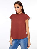 Romwe Women's Elegant Short Sleeve Mock Neck Workwear Blouse Top Shirts Red A S