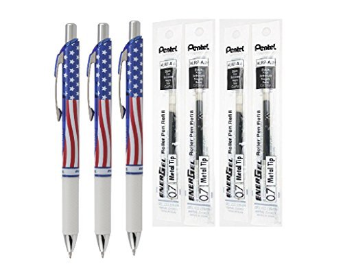 Pentel EnerGel Deluxe RTX Liquid Gel Ink Pen Set Kit, Stars & Stripes, Pack of 3 with 4 Refills