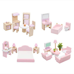 Hiawbon Wooden Classic Doll House Furniture House DIY Accessories Wood Miniature Furniture Set Pretend Play House Furniture Dollhouse Decoration Accessories for Christmas Birthday Gifts,Set A