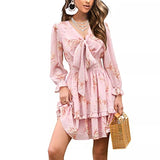 EXLURA Women Tie Front Elastic Waist Tiered Ruffle Layer Floral Balloon Long Sleeve V-Neck A-Line Mini Dress Pink