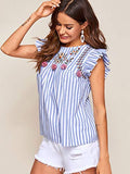 Romwe Women's Sleeveless Striped Floral Embroidery Ruffle Cotton Summer Boho Blouse Top Blue S