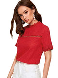 Romwe Women's Short Sleeve Stand Collar Button Embroidery Hollow Out Slim Blouse Top Red M