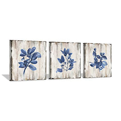 Blue Plant Leaf Wall Art: Natural Botanical Canvas Artworks Print Painting for Dinging Room (12'' x 12'' x 3 Panels)