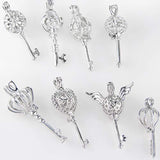 8Pcs Cute Key Style Oyster Pearl Bead Cage Pendant - White Gold Plated Essential Oil Diffuser