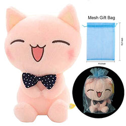 Topyi Soft Cat Plush Toy Pink Stuffed Animals Plush Doll with Blue Organza Gift Bag, Sitting Height 11"