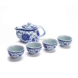 THY COLLECTIBLES Exquisite 5 PCS Blue-and-White Peony Design Ceramic Tea Pot Tea Cups Set in Beautiful Color Gift Box