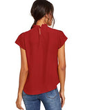 Romwe Women's Elegant Short Sleeve Mock Neck Workwear Blouse Top Shirts Red Solid M