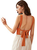 ROMWE Women's Self Belted Square Neck Rib Knit Strappy Back Sleeveless Bodysuit Orange Medium