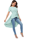 Romwe Women's Irregular Hem Short Sleeve Belted Flare Peplum Ruffle Blouse Shirts Top Green L