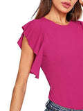 Romwe Women's Stretchy Flutter Sleeve Slim Solid Elegant Blouse Top Rose Red L