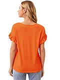 Romwe Women's Short Sleeve Round Neck Contrast Lace Ruffle Trim Cotton Summer Blouse Top Orange L