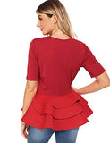 Romwe Women's Vintage Layered Ruffle Hem Slim Fit Round Neck Peplum Blouse Dark Red M